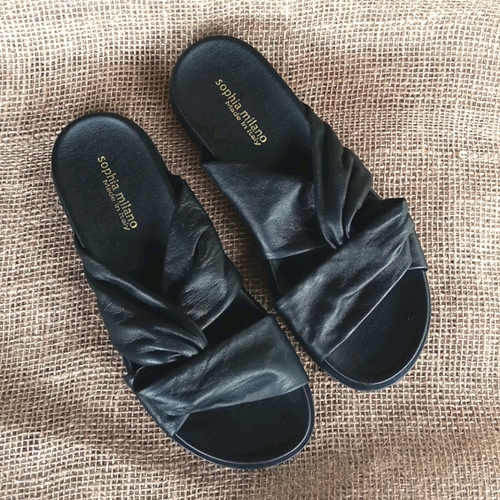 Sophia Milano Black Italian Buttery Leather Sandals Slides Flats